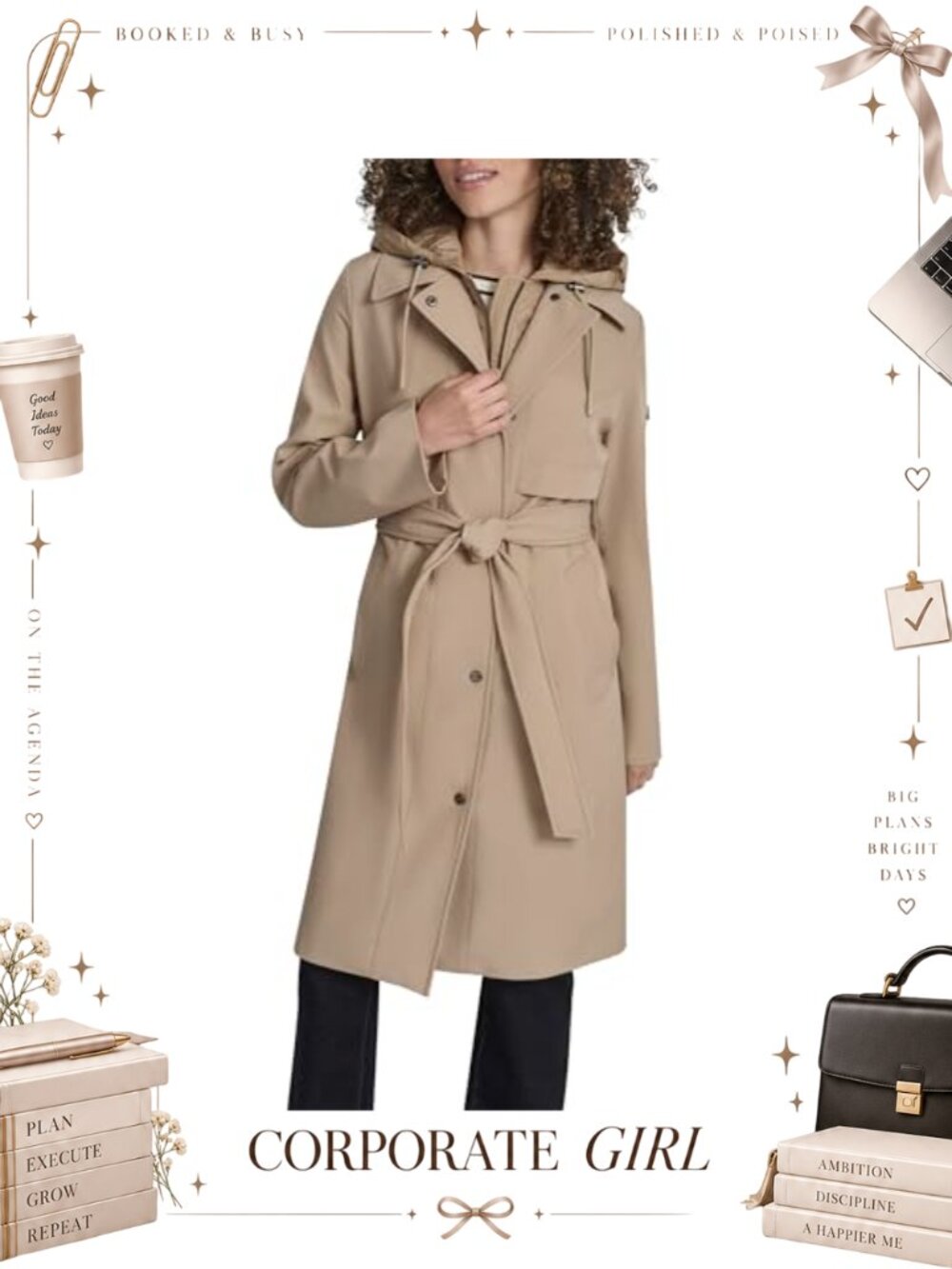 Belted Trench Coat with Quilted Bib and Hood Lightweight Water-Resistant Long